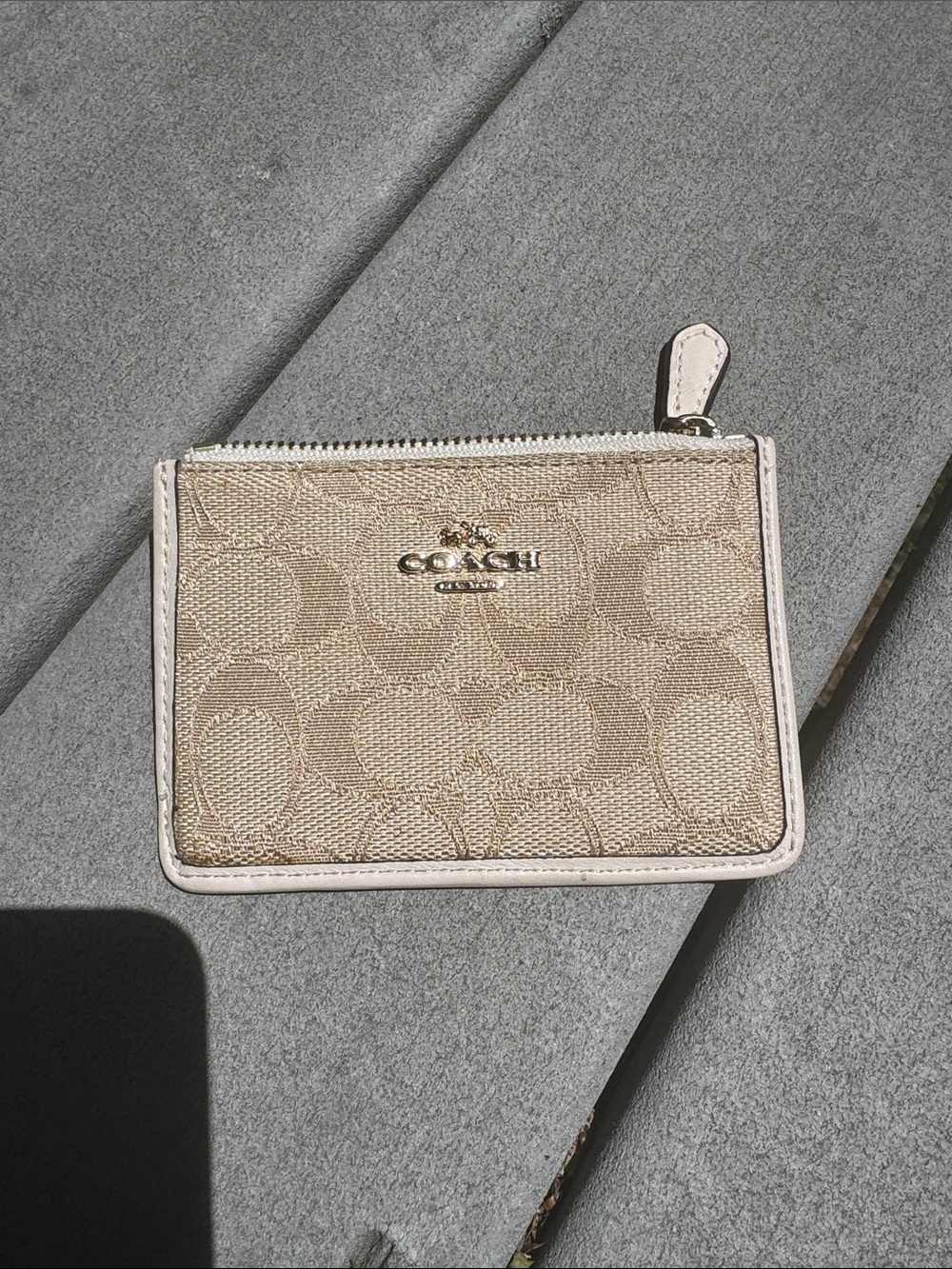 Coach Beige and White Signature Card Holder Zip Pouch
